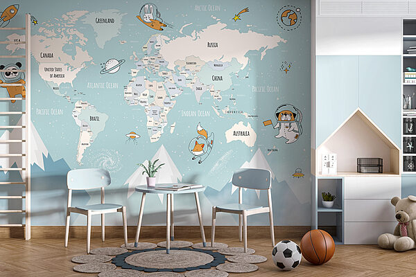 Wall murals Map of the world with mountains and clouds Wall murals Map of the world with mountains and clouds