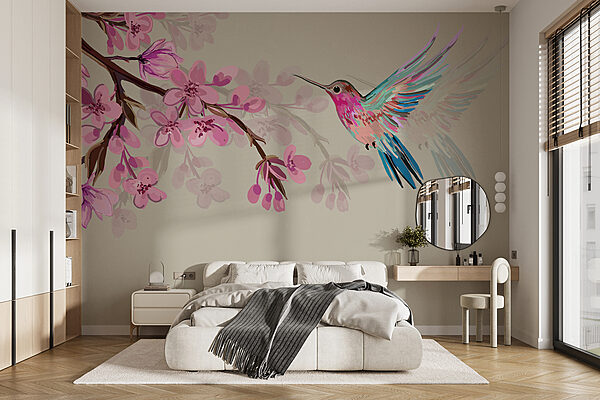 Wall murals Hummingbird hovers near vibrant blossoms