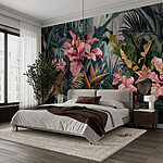 Wall murals Lush jungle with vibrant pink flowers.