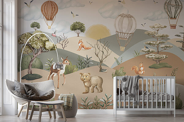 Landscape with animals and hot air balloons Wall murals Landscape with animals and hot air balloons