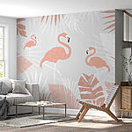 Wall murals Flamingos among tropical leaves pattern.