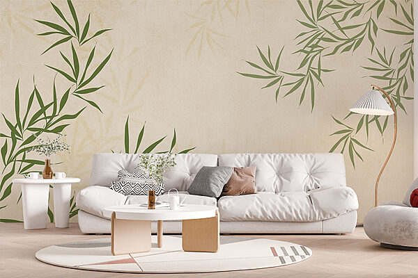Green leaves on a white surface Wall murals Green leaves on a white surface