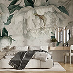 Wall murals White peonies with lush green leaves