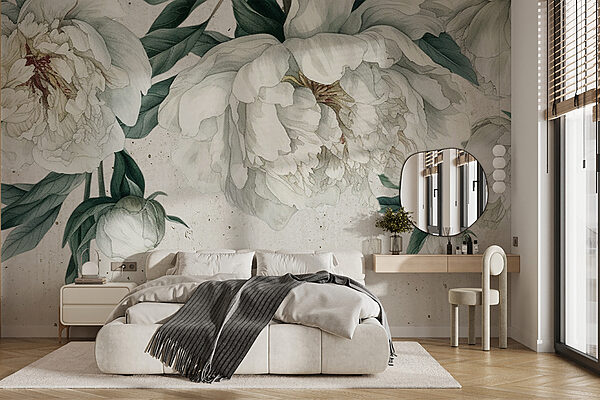 White peonies with lush green leaves Wall murals White peonies with lush green leaves