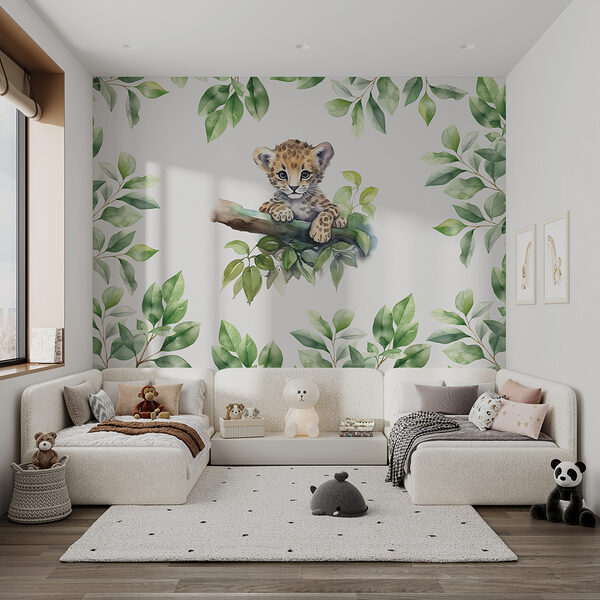 Watercolor of a baby leopard on a tree branch Wall murals Watercolor of a baby leopard on a tree branch