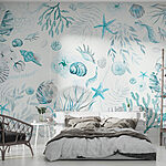 Wall murals Seashells and foliage in soft blue.