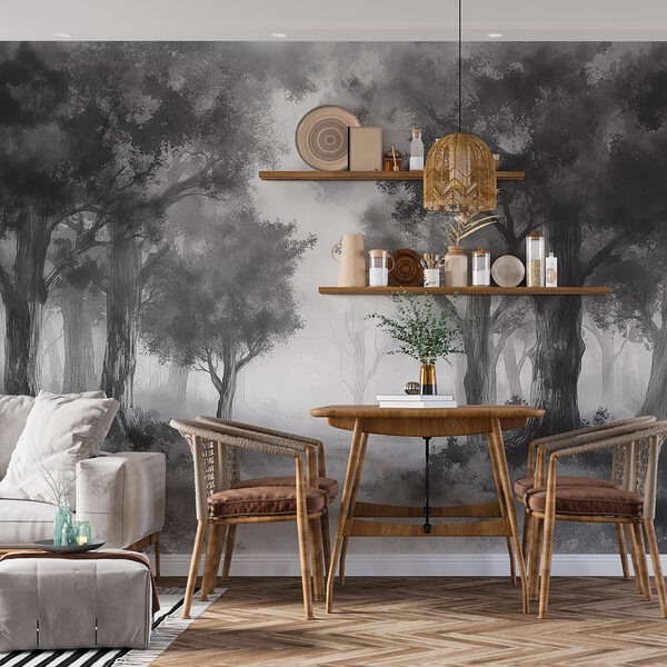 Wall murals Wall murals Group of trees in a foggy forest (SKU: w01181)