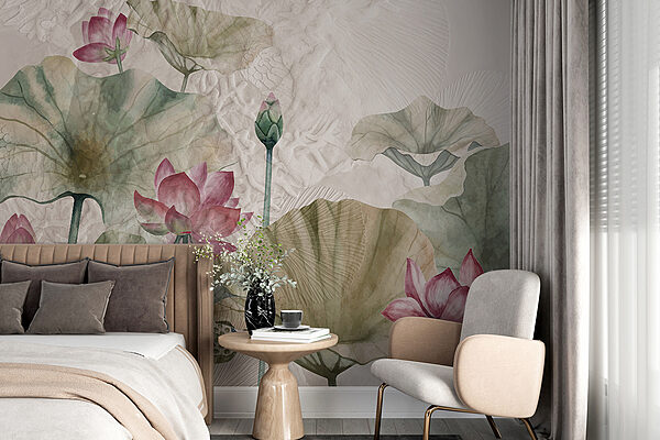 Lotus blossoms and leaves illustration Wall murals Lotus blossoms and leaves illustration