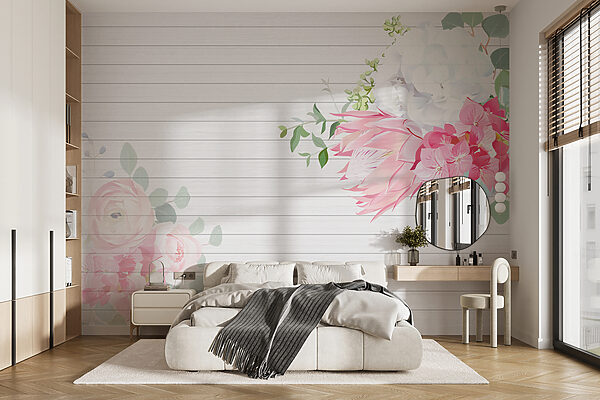 White and pink flowers on a white background Wall murals White and pink flowers on a white background