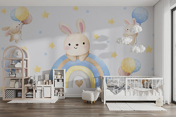 Wall mural Cartoon bunny on a rainbow