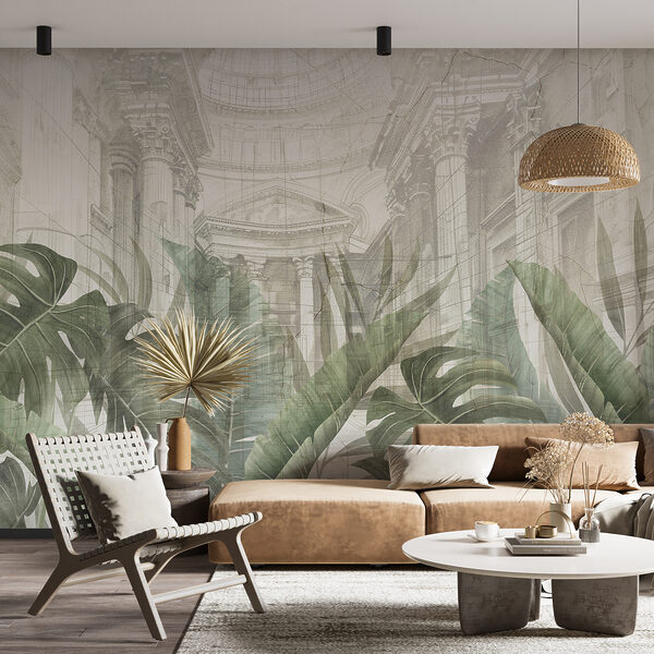Wall mural Painting of a building with a large leaf