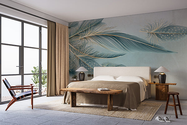 Group of feathers on a white background Wall murals Group of feathers on a white background