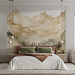 Wall murals Mountain range with trees and clouds
