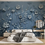 Wall murals Grey wall with flowers and leaves