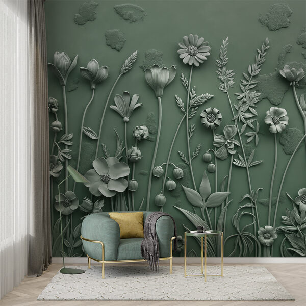 Wall mural Wall mural Grey sculpture of flowers and plants (SKU: w07869v2)