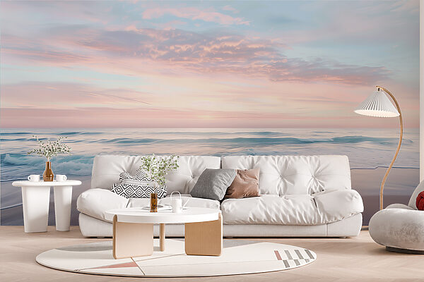 Beach with waves and a pink sky Wall murals Beach with waves and a pink sky
