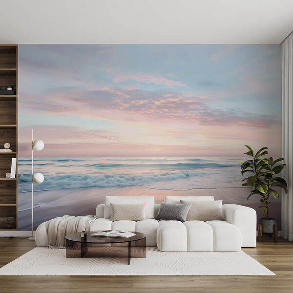 Wall mural Beach with waves and a pink sky