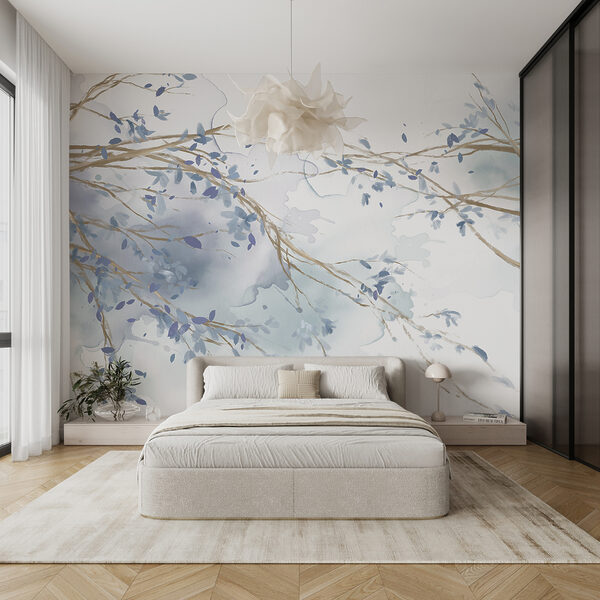Watercolor of a tree branch with blue leaves Wall murals Watercolor of a tree branch with blue leaves