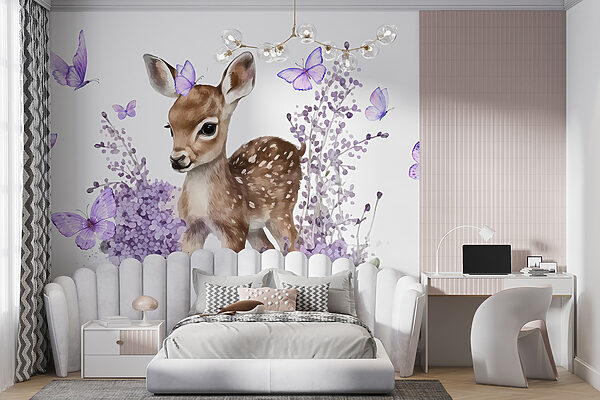 Baby deer surrounded by purple flowers Wall murals Baby deer surrounded by purple flowers