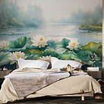Wall murals Painting of a pond with white flowers and green leaves