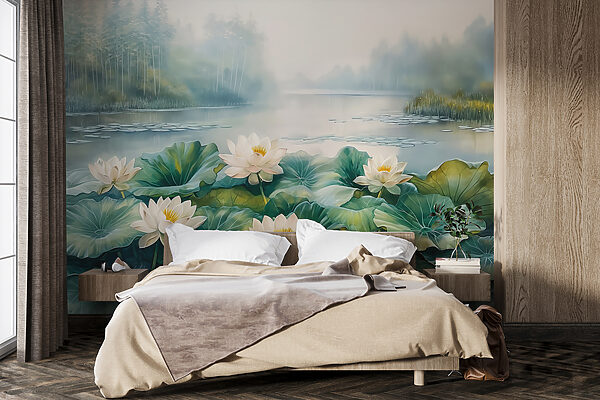 Painting of a pond with white flowers and green leaves Wall murals Painting of a pond with white flowers and green leaves