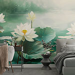 Wall murals Painting of white flowers and leaves in a lake