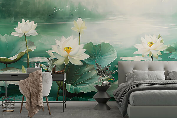 Painting of white flowers and leaves in a lake Wall murals Painting of white flowers and leaves in a lake