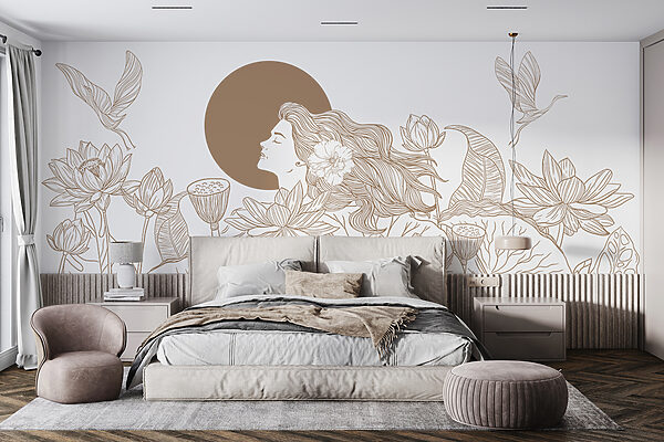 Wall murals Woman with long hair and flowers