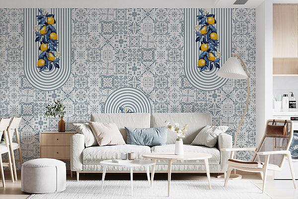 Pattern of fruit on a white and blue background Wall murals Pattern of fruit on a white and blue background