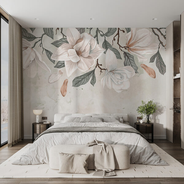 White flowers and leaves on a white background Wall murals White flowers and leaves on a white background
