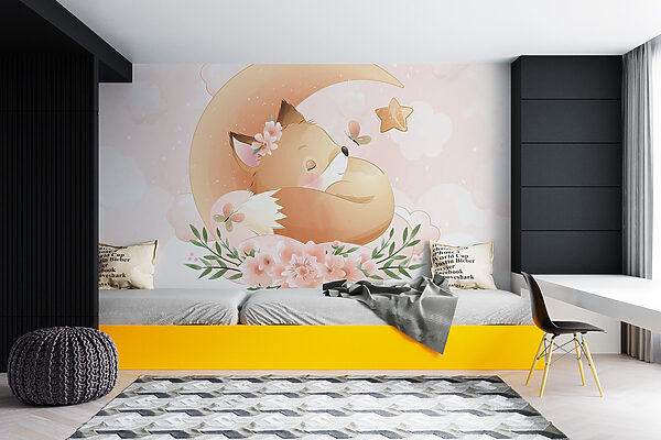 Wall murals Cartoon of a fox sleeping on the moon