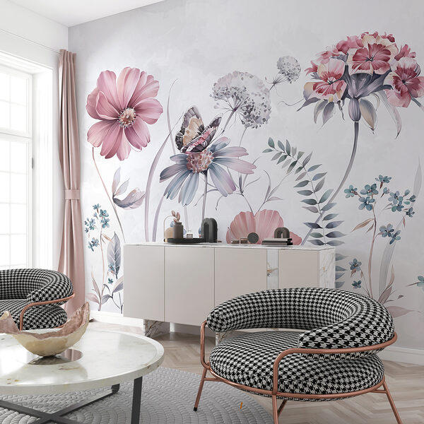 Butterfly among pale floral whispers Wall murals Butterfly among pale floral whispers
