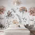 Wall murals Butterfly dances among pastel flowers