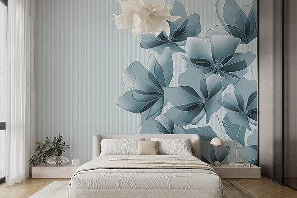 Silver flowers dancing on stripes Wall murals Silver flowers dancing on stripes