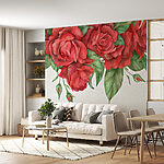 Wall murals Group of red roses with green leaves