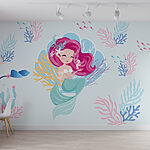 Wall murals Cartoon mermaid with pink hair and a seahorse