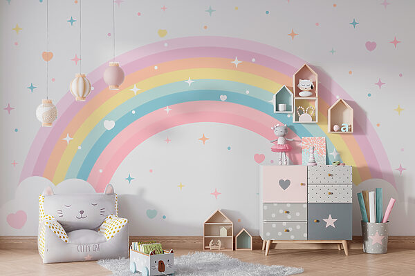 Wall murals Wall murals Rainbow with clouds and stars (SKU: w08109)