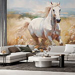 Wall murals White horse running through a field of flowers