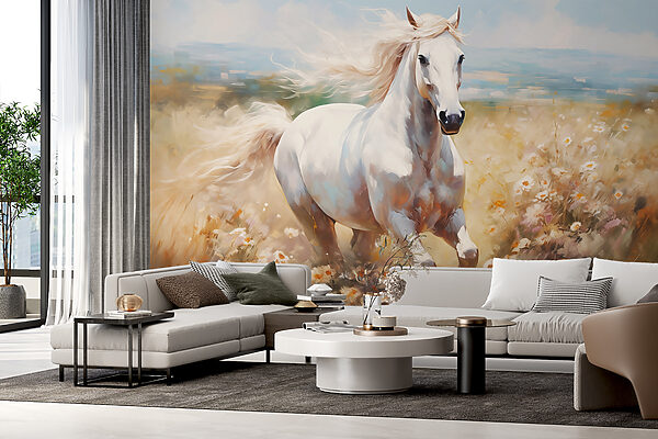 White horse running through a field of flowers Wall murals White horse running through a field of flowers