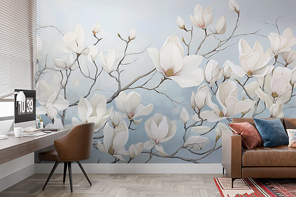 Painting of white flowers on a branch Wall murals Painting of white flowers on a branch