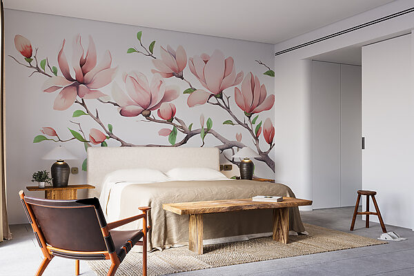 Branch with pink flowers and leaves Wall murals Branch with pink flowers and leaves