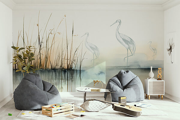 Drawing of birds standing on the water Wall murals Drawing of birds standing on the water