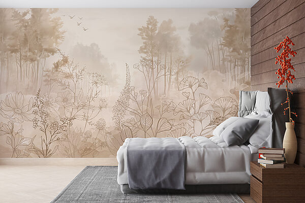 Foggy landscape with trees and plants Wall murals Foggy landscape with trees and plants
