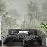 Wall murals Foggy forest with trees and birds
