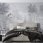 Wall murals Greyscale image of a forest with birds flying