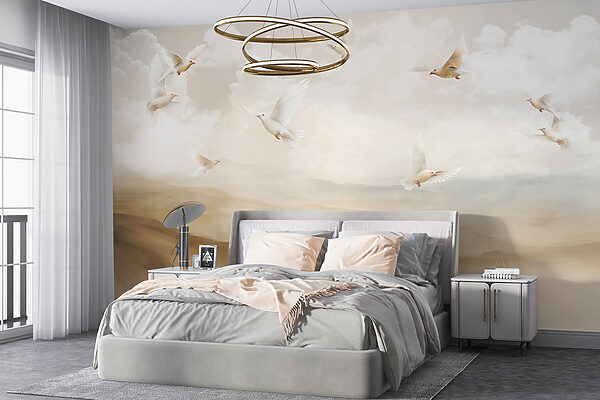 Wall murals Group of white birds flying in the sky