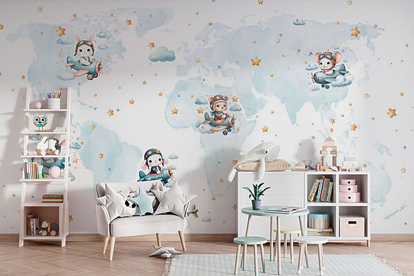 Map of the world with cartoon animals Wall murals Map of the world with cartoon animals