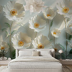 Wall murals Group of white flowers with green leaves