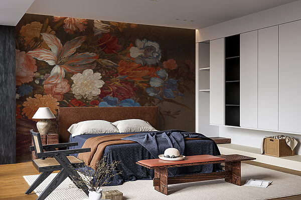 Painting of flowers on a brown surface Wall murals Painting of flowers on a brown surface