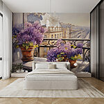 Wall murals Painting of a balcony with purple flowers